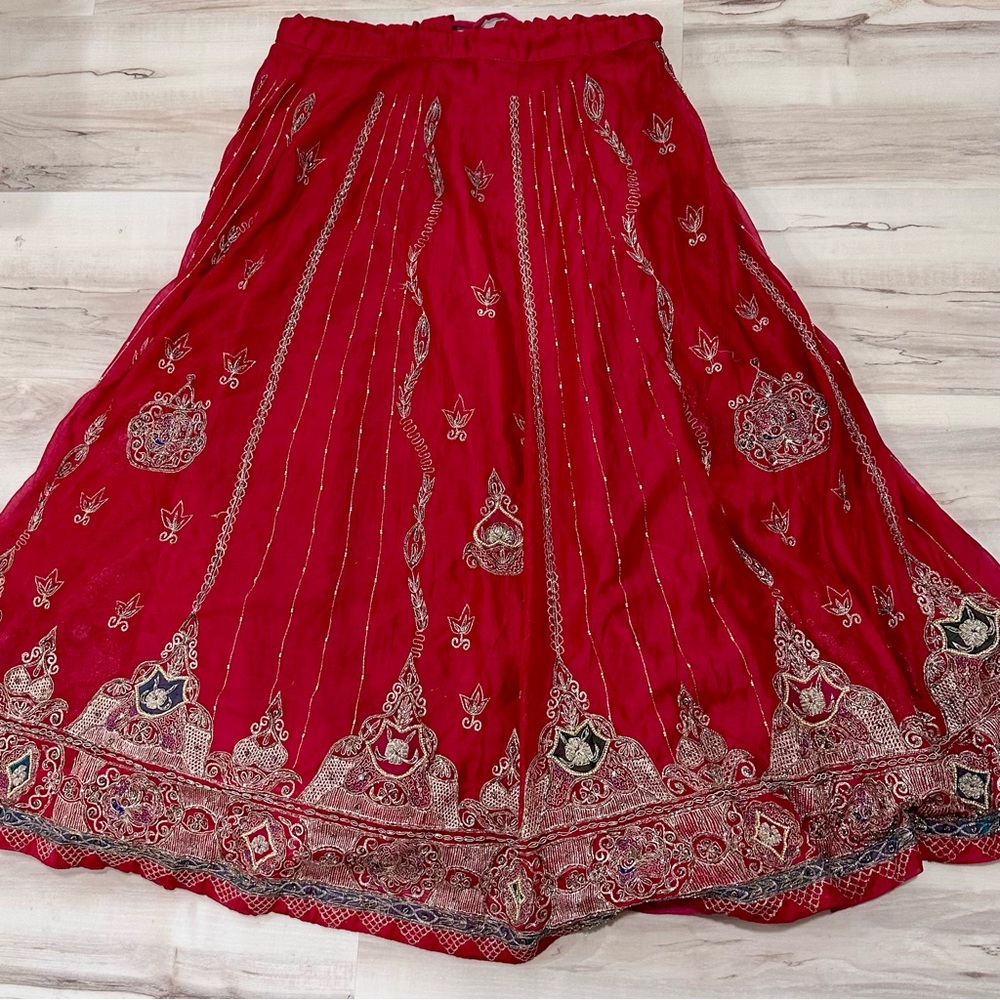 Vintage Indian Sari Hot Pink and Gold Embroidered Maxi Boho Skirt